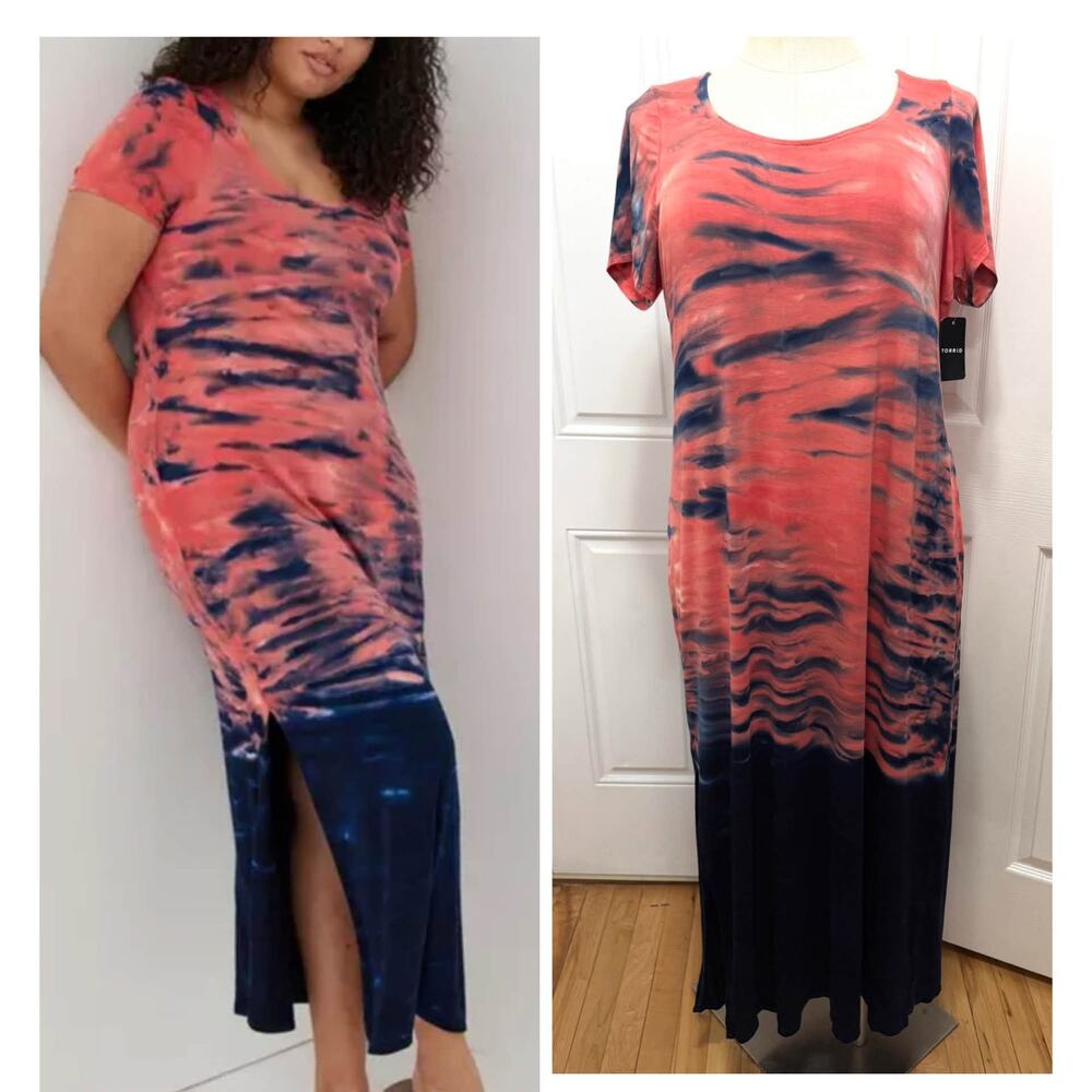 Torrid 2 (2x 18/20) Coral & Navy Tie Dye Super Soft Slit Side Maxi Dress New